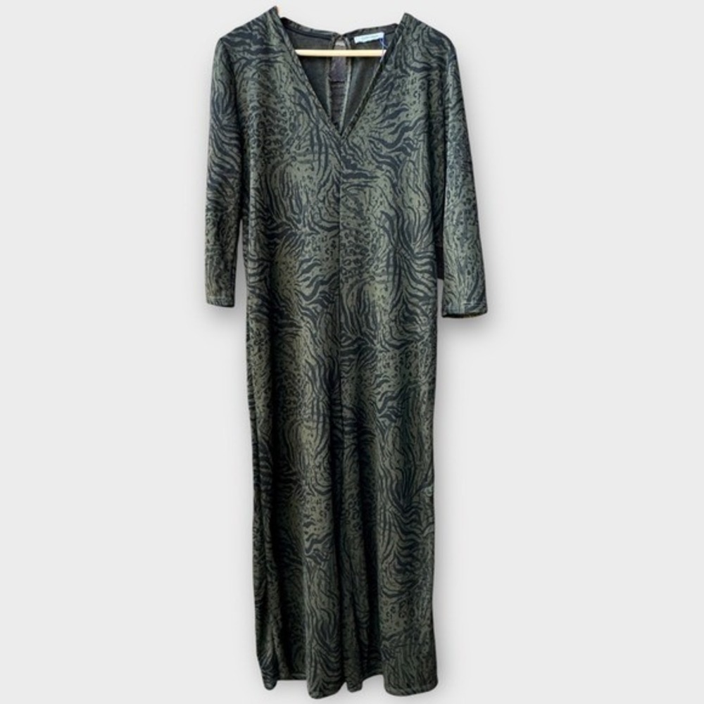 Zara‎ Trafaluc Jumpsuit Animal Print Olive Green Long Sleeve V Neck Women's L